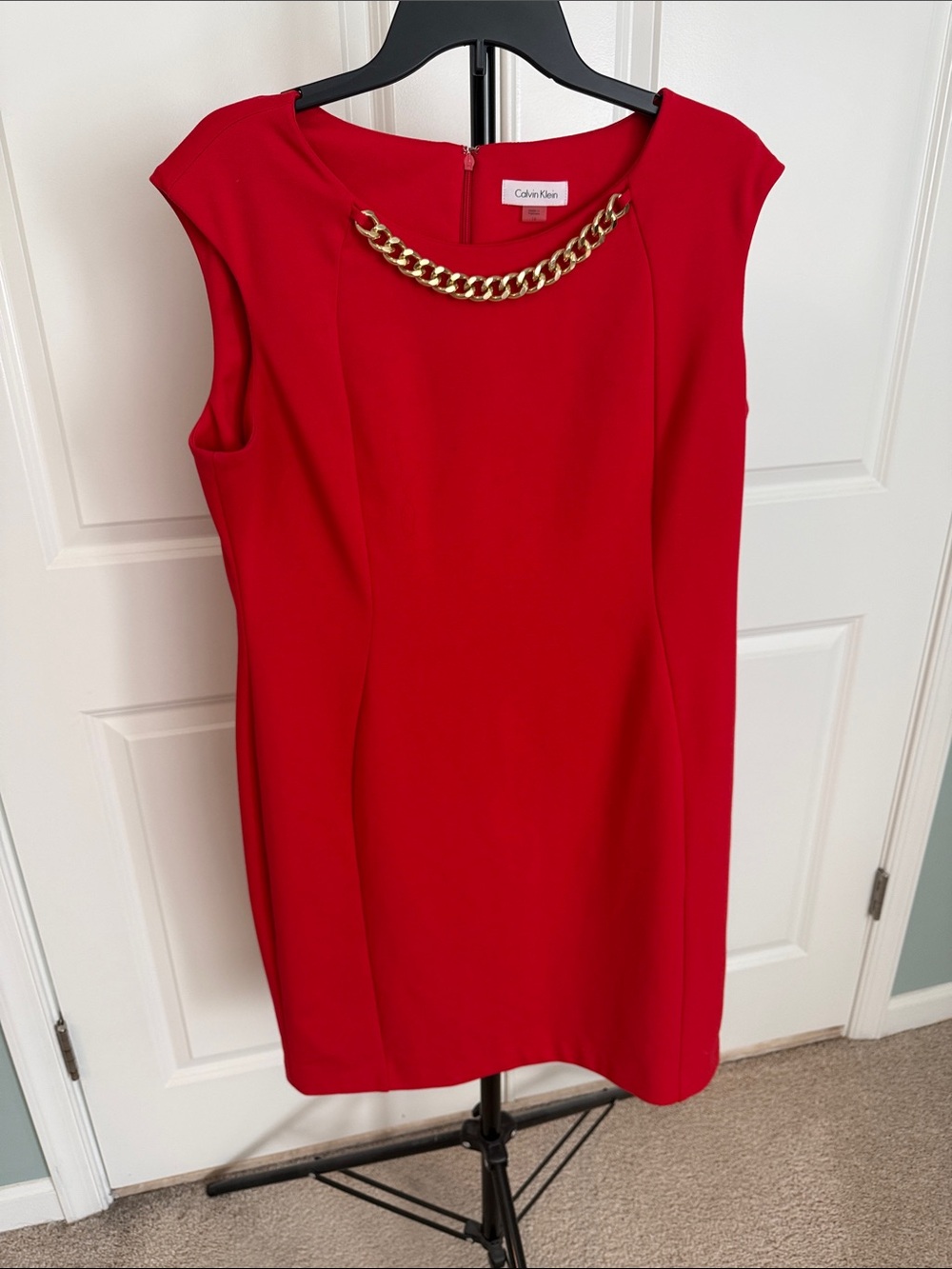 Calvin Klein Red Sleeveless Sheath Dress with Gold Chain Detail